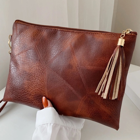 Luxe Vegan Leather Tassel Zipper Clutch wristlet - Picture 2 of 8